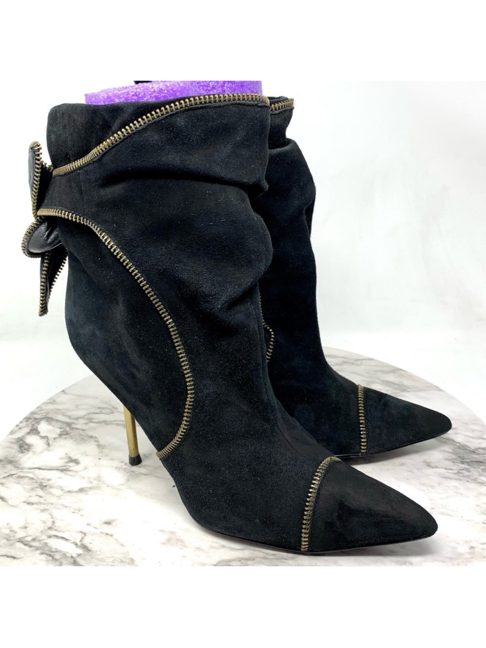 VTG Y2K Miss Sixty Black Suede Zip Trim Knot Boots 38 Avant Garde Alternative